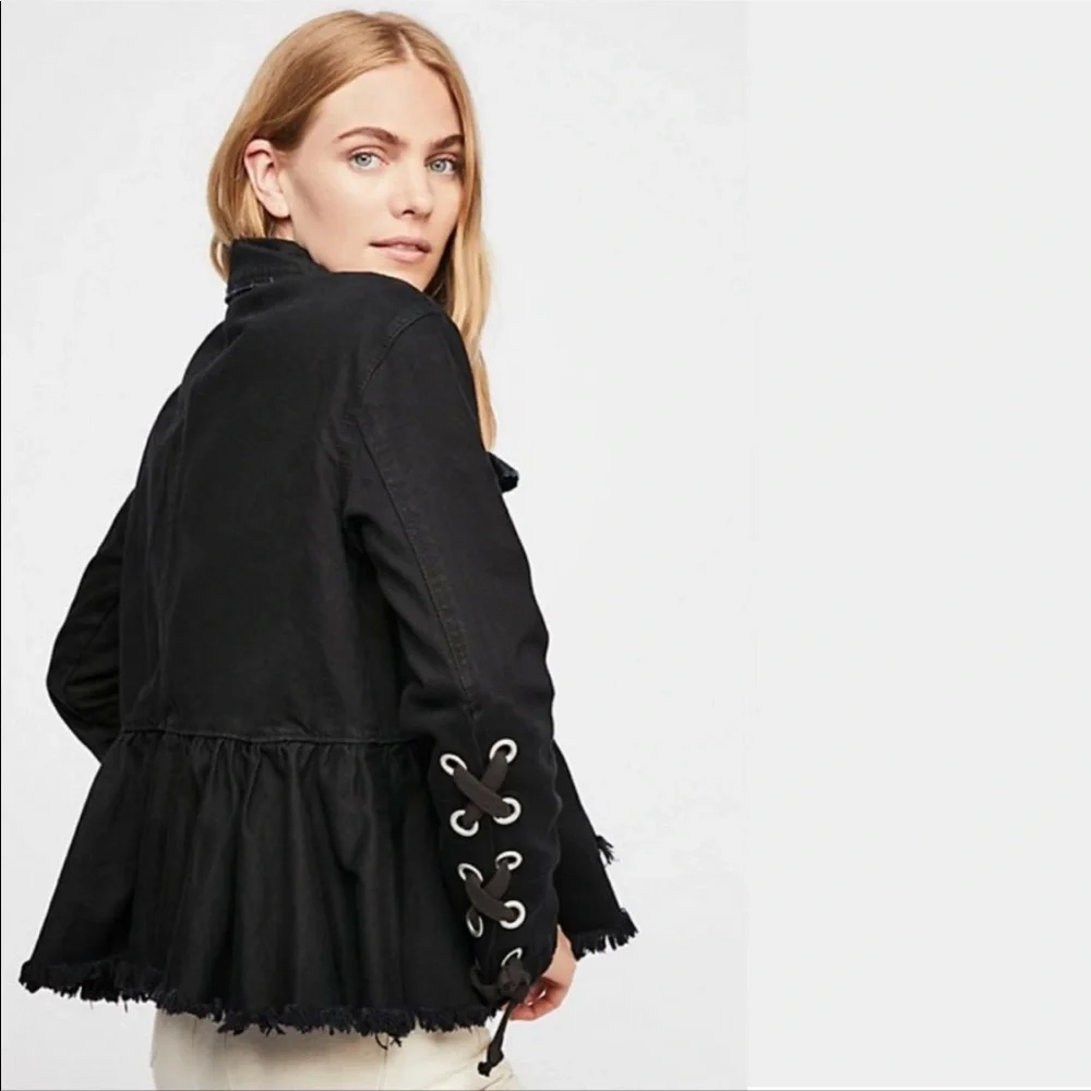 Free People Black Raw-Edge Denim Jacket with Side Tie Details NWT - Picture 3 of 16